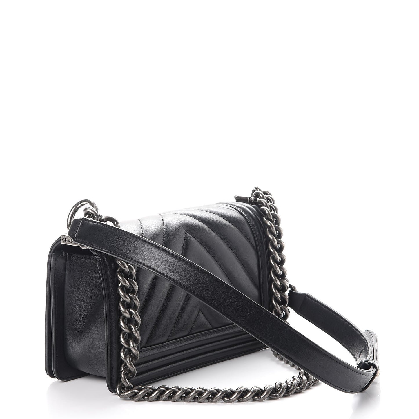 Calfskin Chevron Quilted Small Boy Flap Black