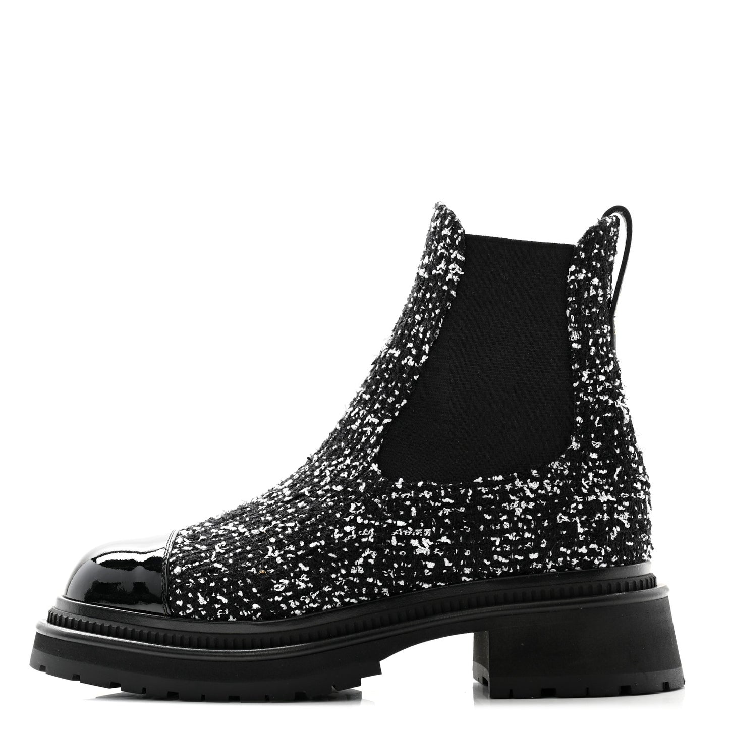 Tweed Patent Cap Toe Quilted Short Boots 39 Black White