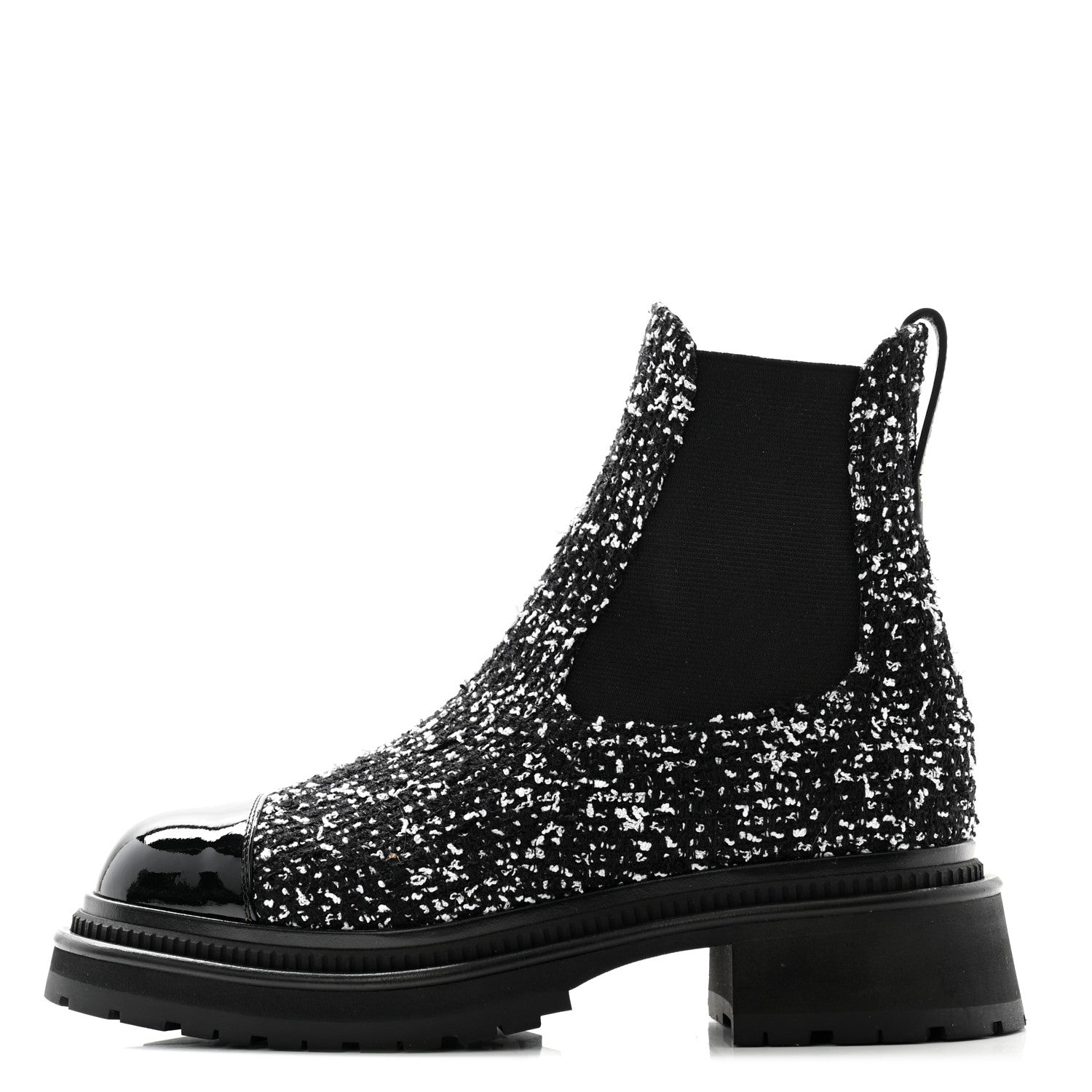 Chanel Tweed Patent Cap Toe Quilted Short Boots 39 Black White 1 of 9