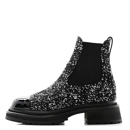 Chanel Tweed Patent Cap Toe Quilted Short Boots 39 Black White 1 of 9