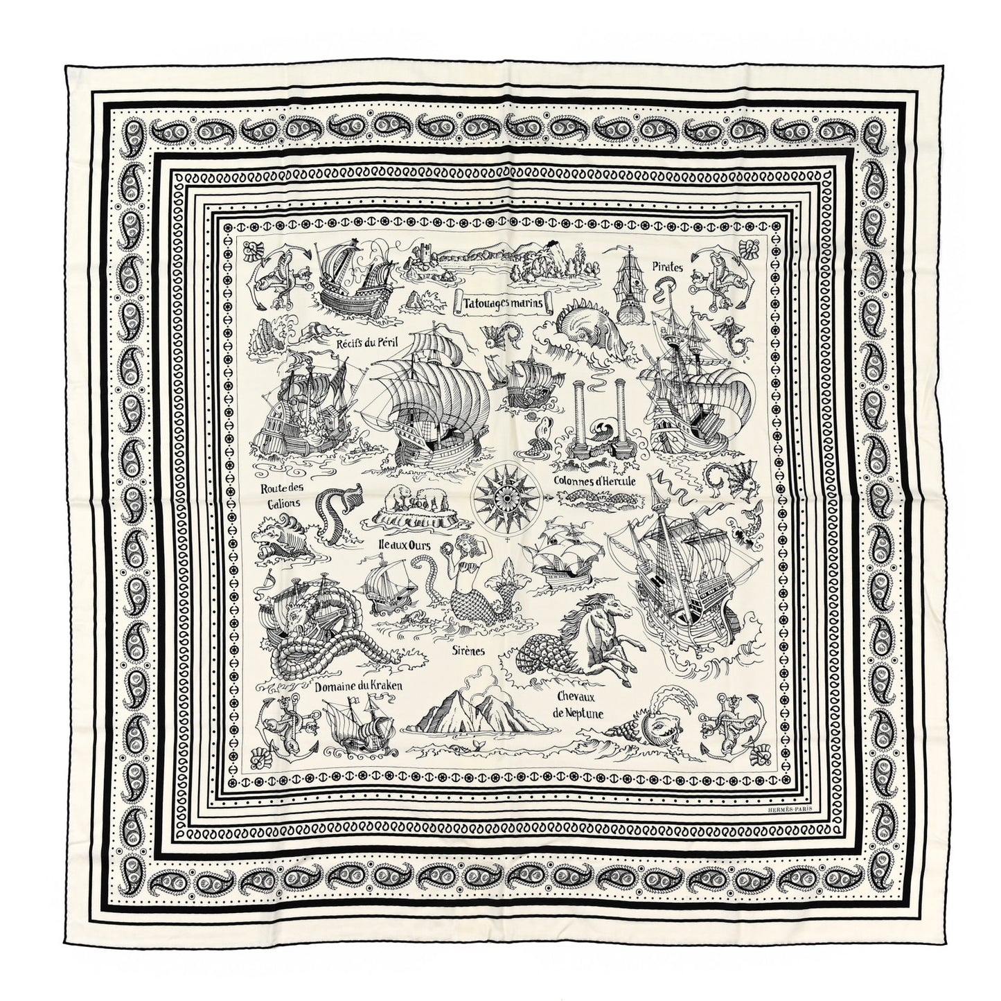 Silk Cashmere Tatouages Marins Shawl 140 Black White