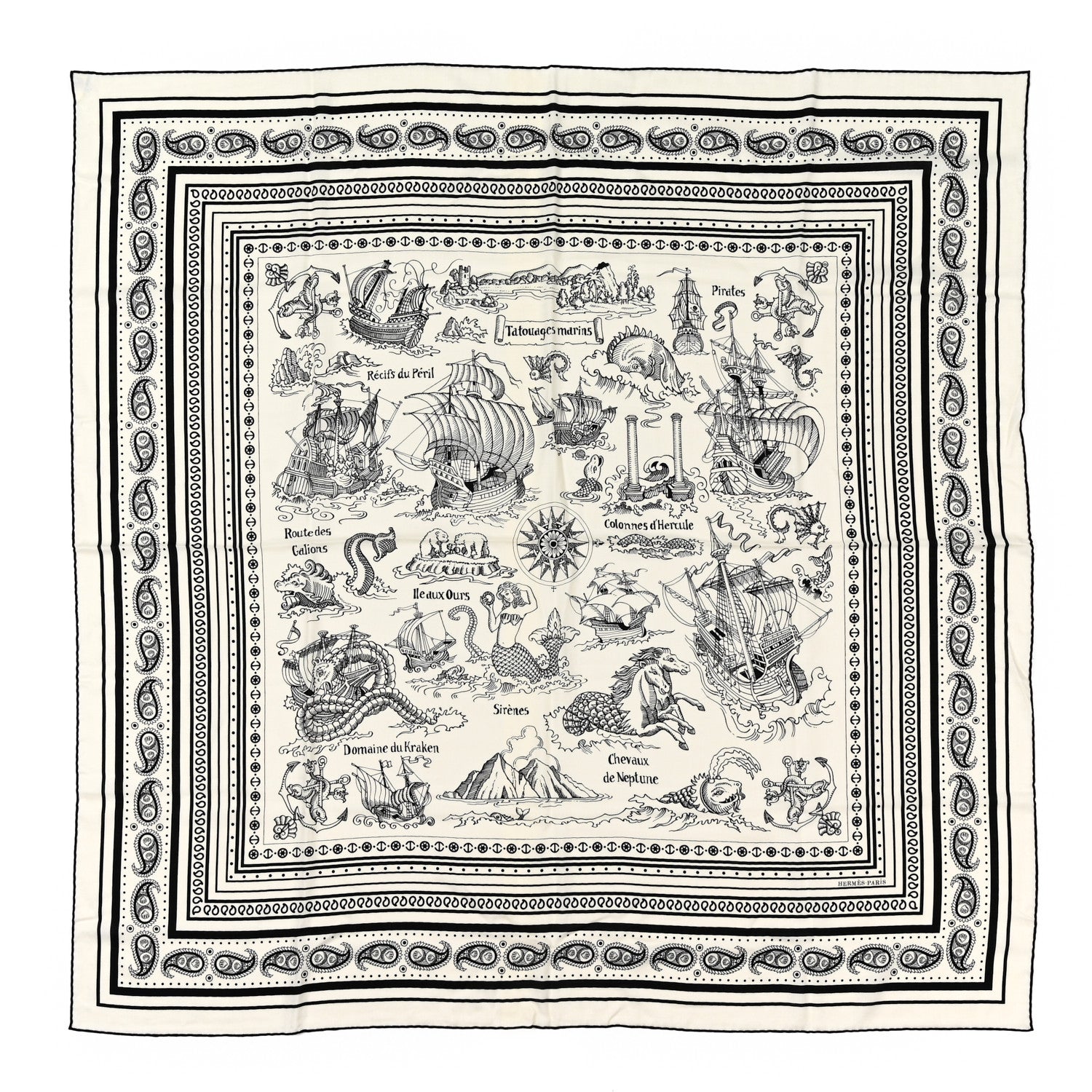 Hermes Silk Cashmere Tatouages Marins Shawl 140 Black White 1 of 5