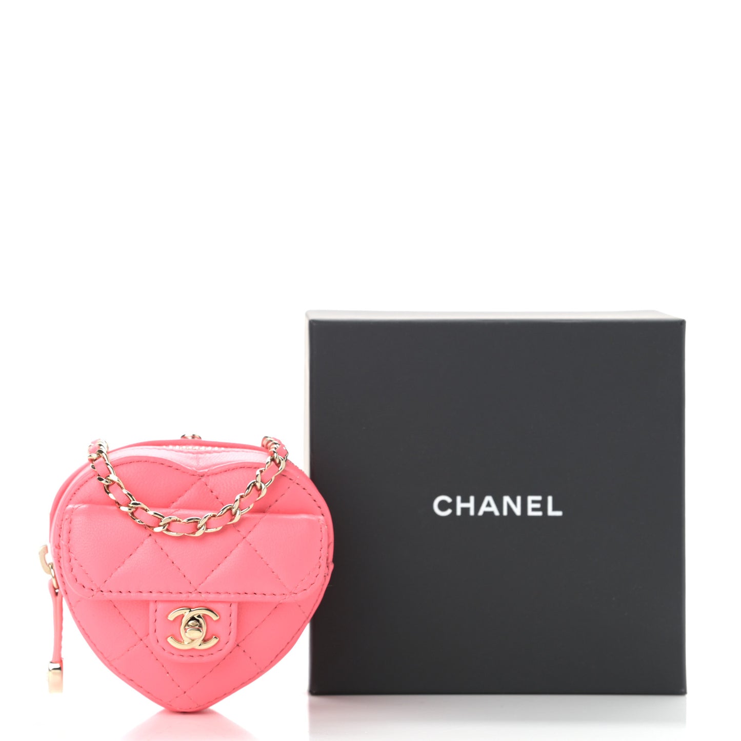Lambskin Quilted CC In Love Heart Coin Purse With Chain Pink