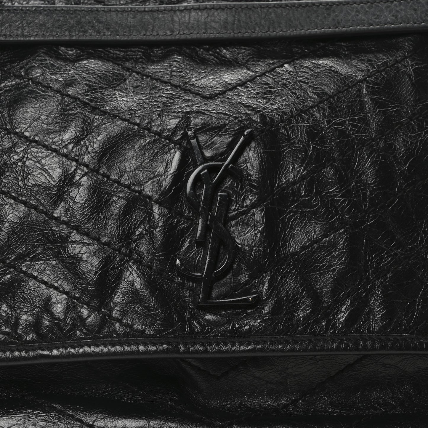Crinkled Calfskin Matelasse Monogram Large Niki Chain Satchel Black