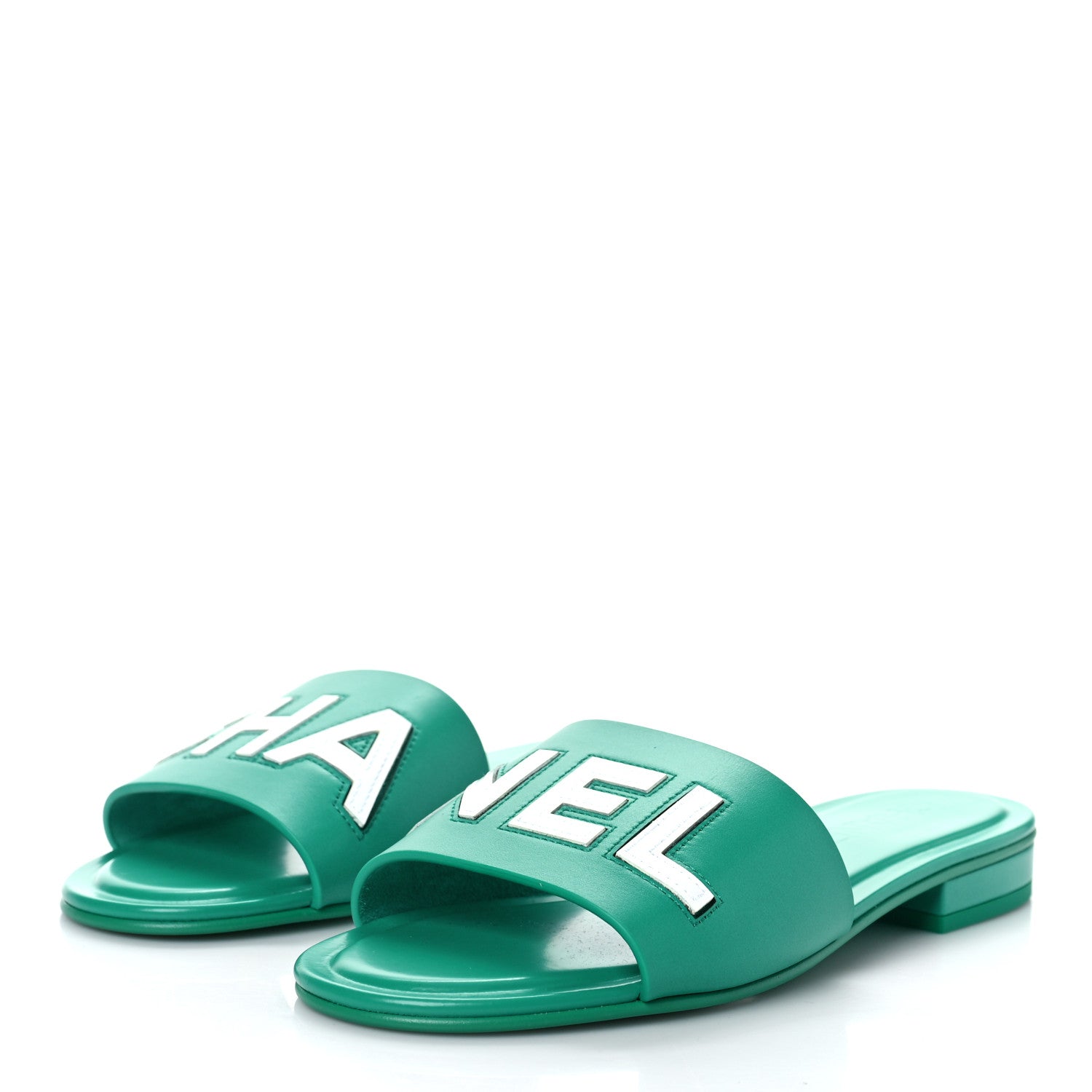 Chanel Calfskin Patent Calfskin Logo Mules 37 Green White 4 of 8