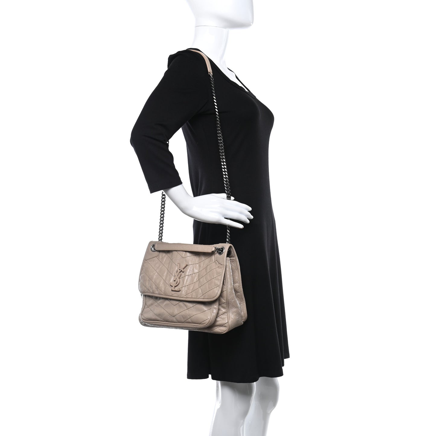 Crinkled Calfskin Matelasse Monogram Medium Niki Chain Satchel Fog