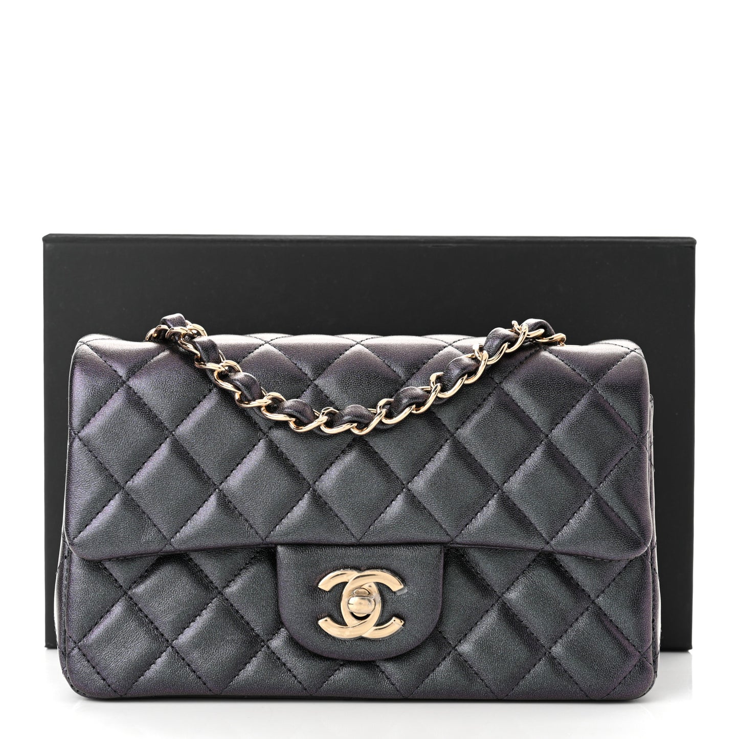 Iridescent Lambskin Quilted Mini Rectangular Flap Black