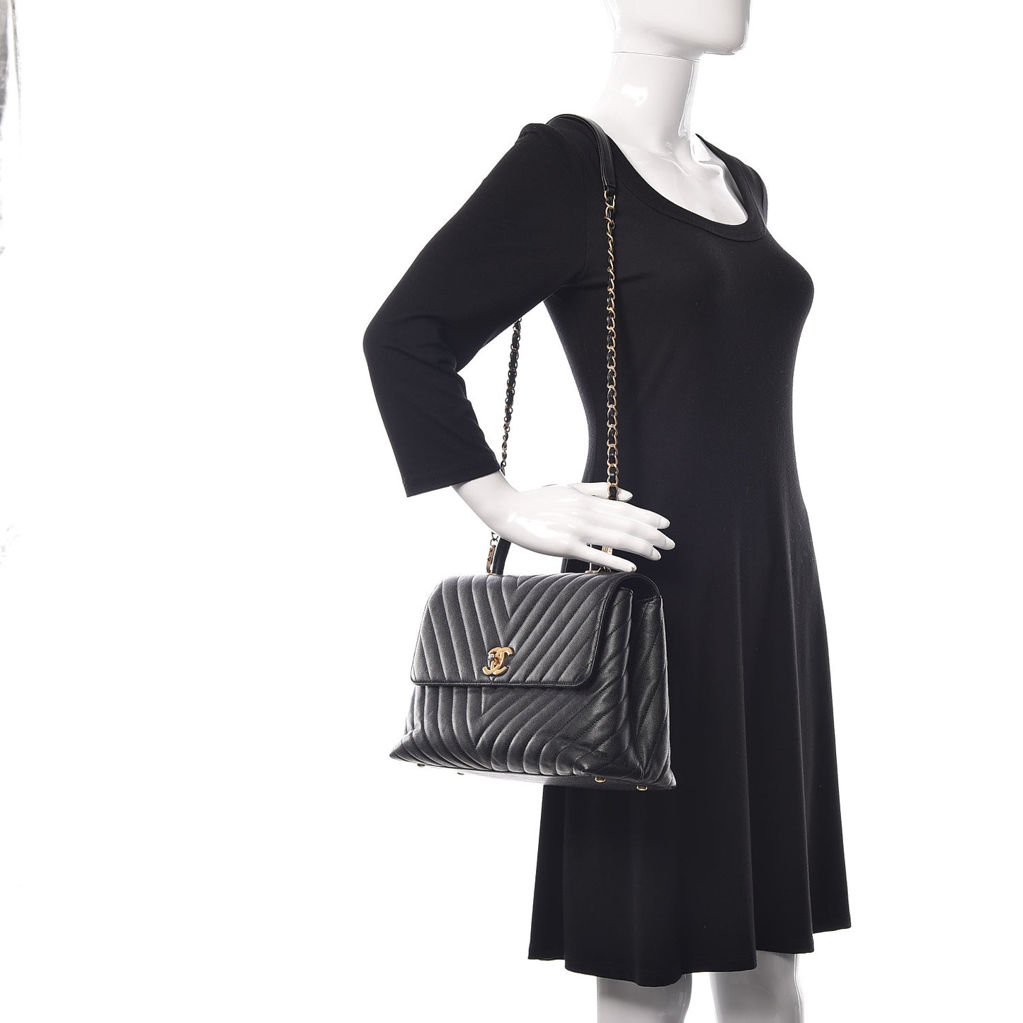 Caviar Chevron Quilted Medium Coco Handle Flap Black