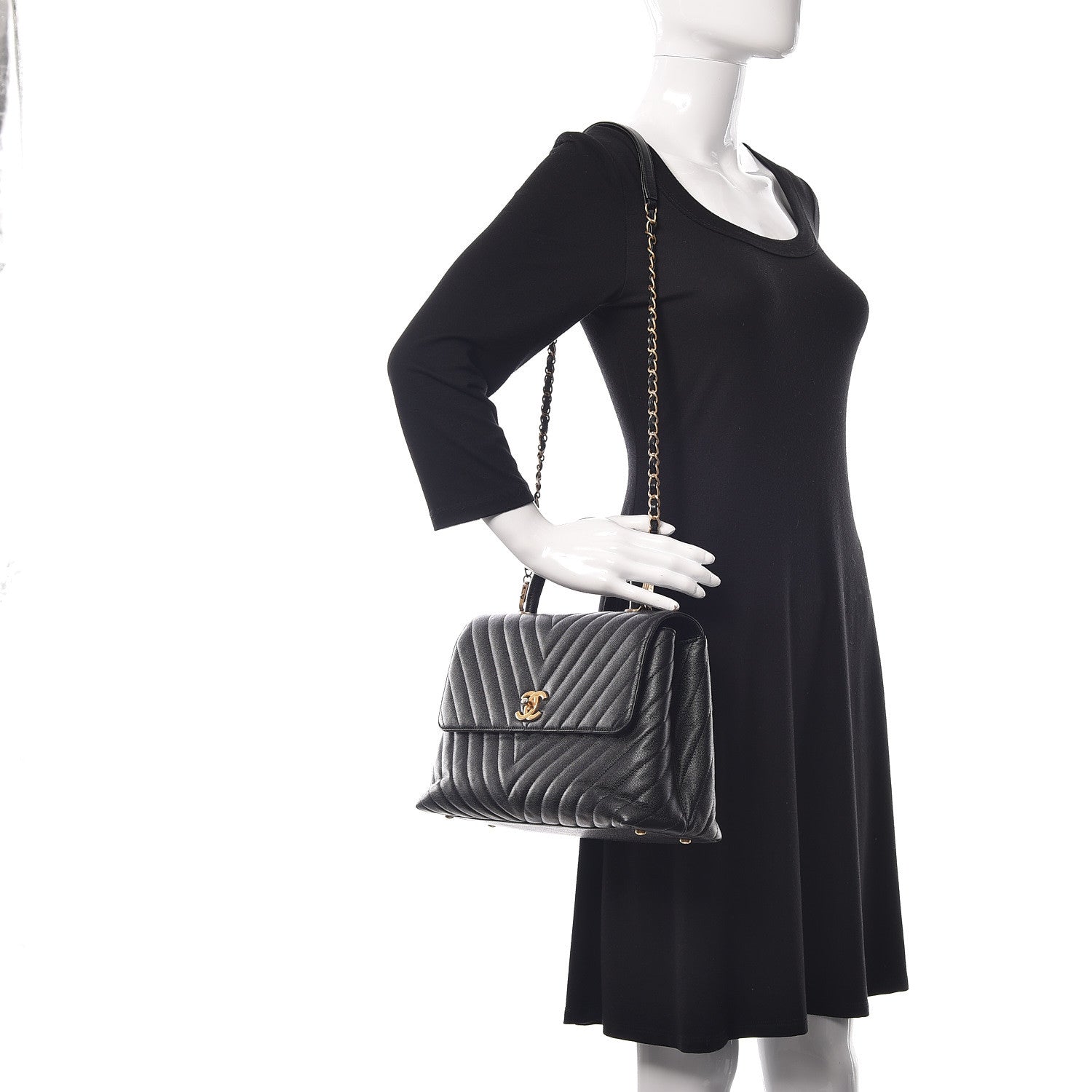 Chanel Caviar Chevron Quilted Medium Coco Handle Flap Black 2 of 12