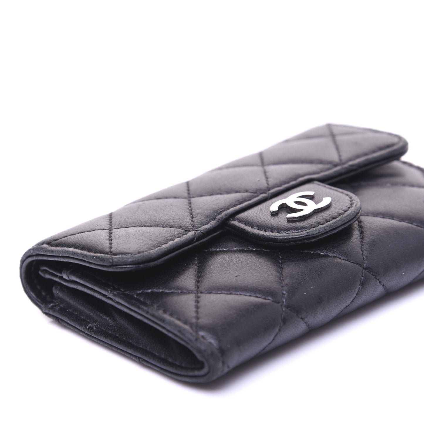 Lambskin Quilted Flap Card Holder Black
