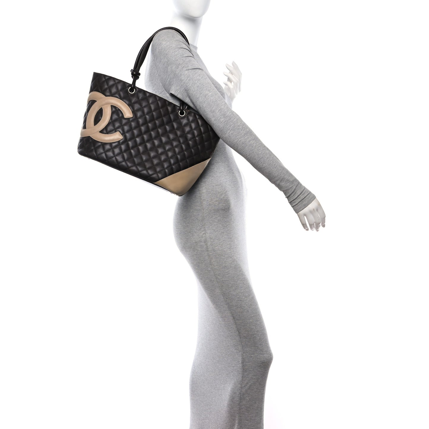 Calfskin Quilted Large Cambon Tote Brown Beige