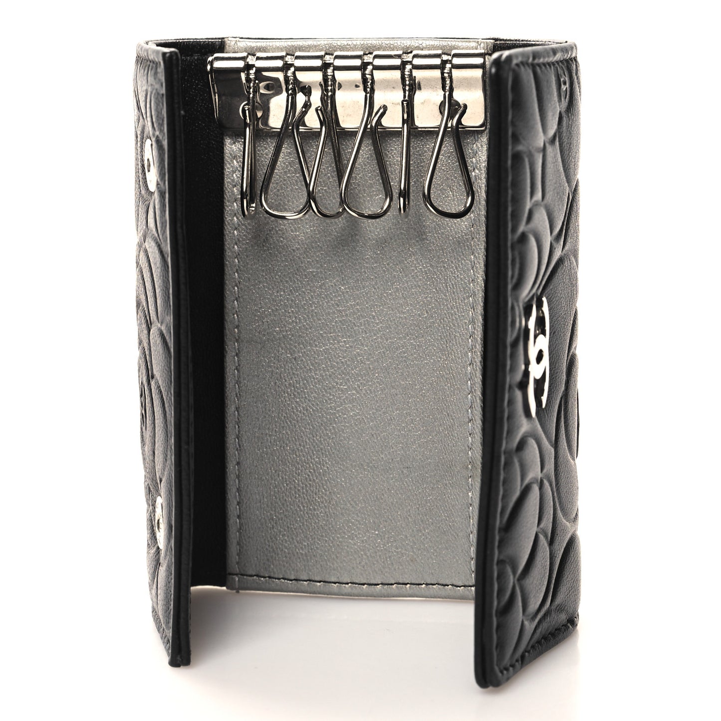 Lambskin Camellia Embossed 6 Key Holder Black