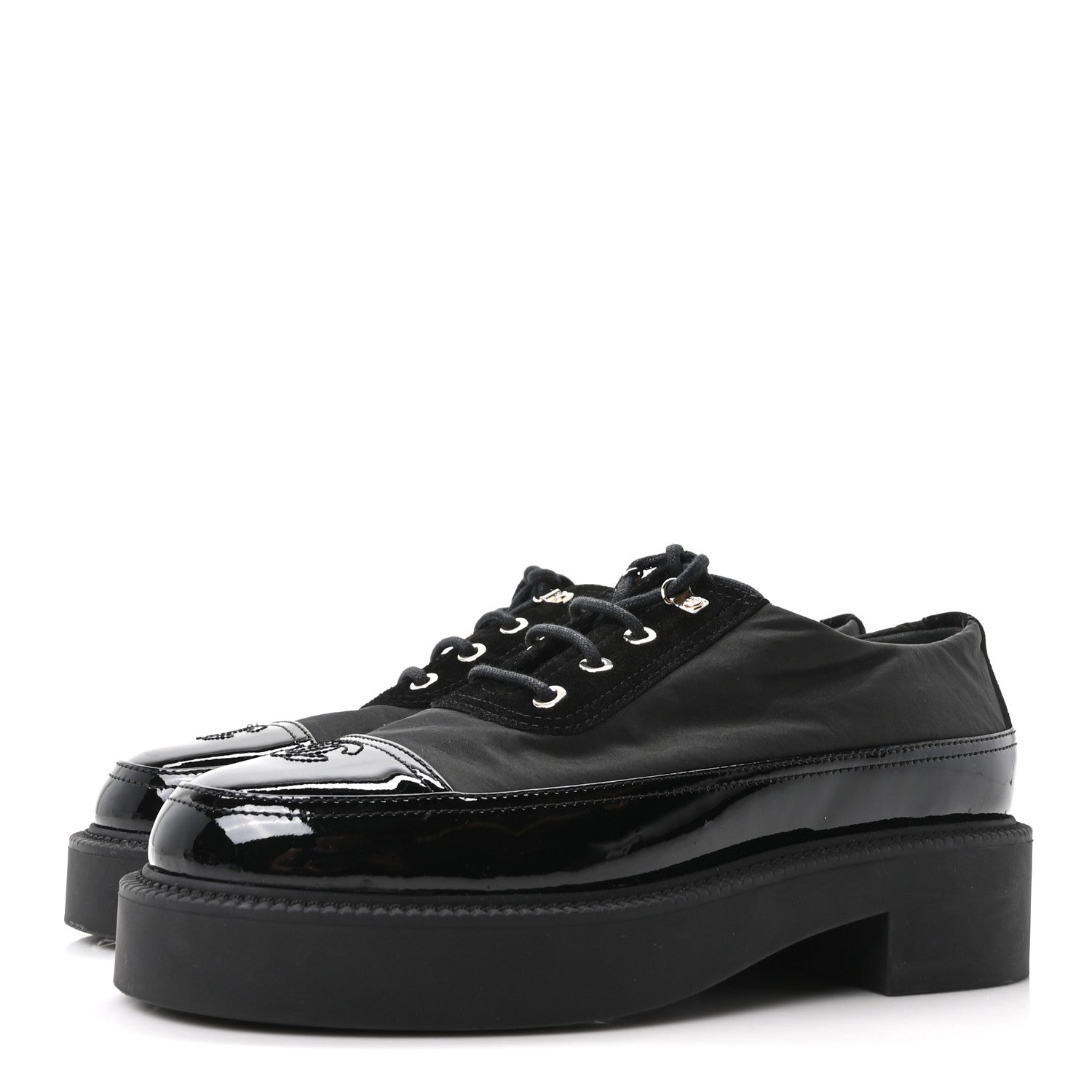 Chanel Nylon Suede Patent Calfskin CC Captoe Lace Up Oxfords 39.5 Black 4 of 10