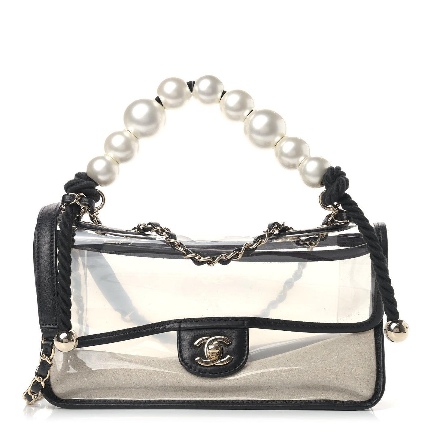 Lambskin PVC Sand By The Sea Flap With Pearl Strap Black