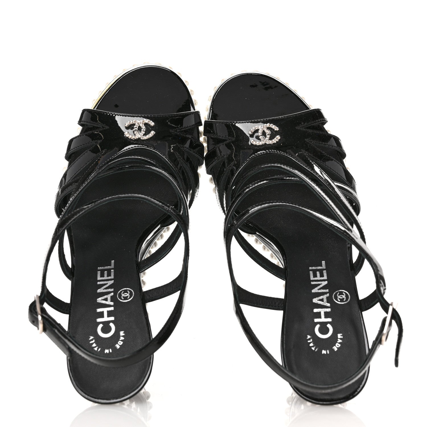 Chanel Patent Pearl CC Wedge Sandals 36.5 Black 2 of 9
