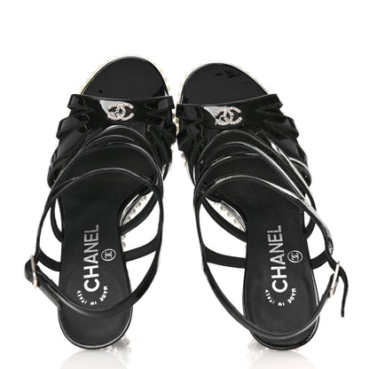 Chanel Patent Pearl CC Wedge Sandals 36.5 Black 2 of 9