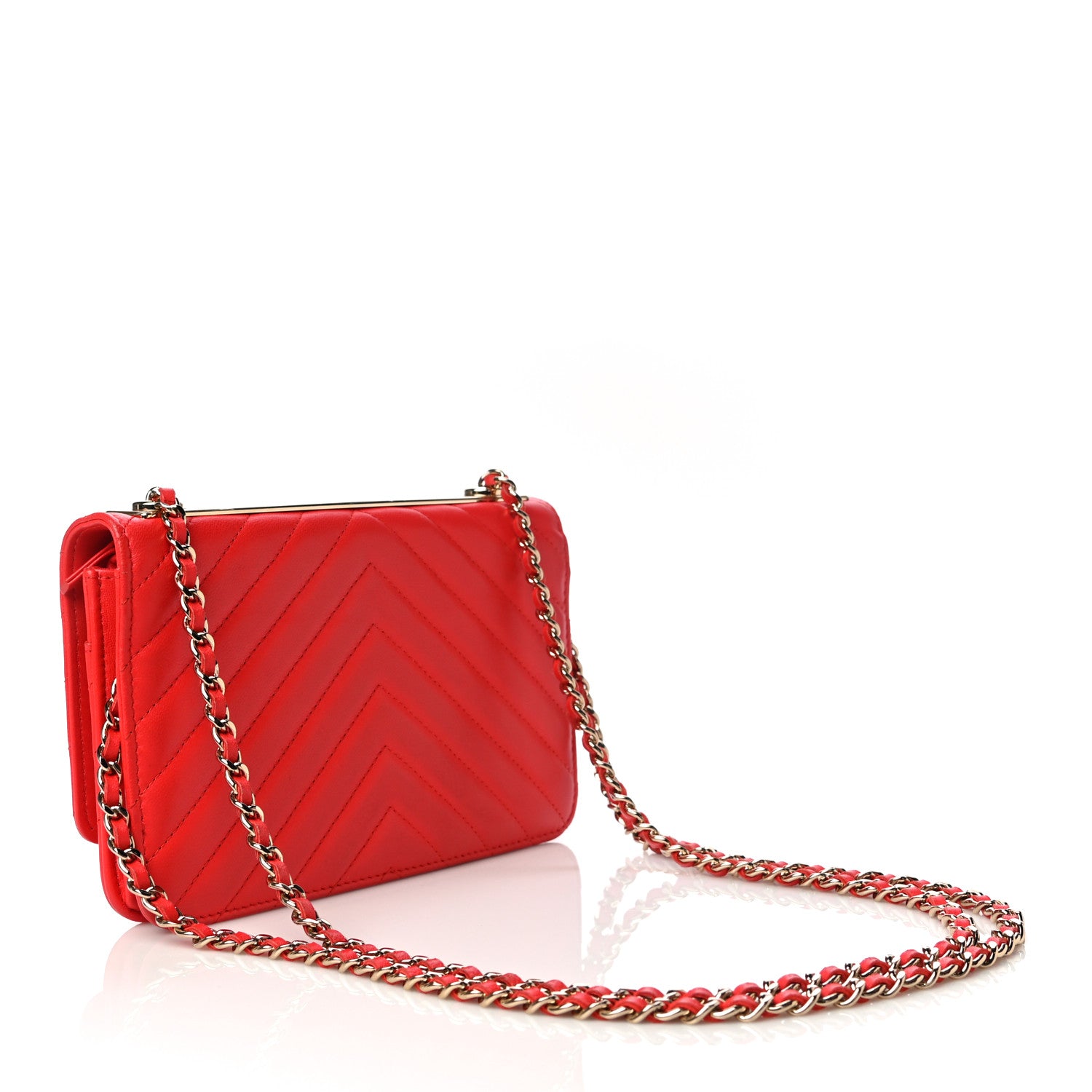 Chanel Lambskin Chevron Quilted Trendy CC Wallet On Chain WOC Red 3 of 22