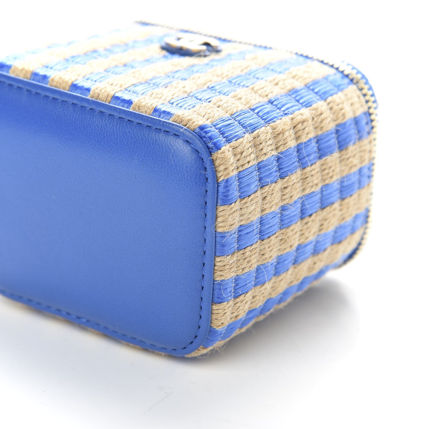 Raffia Jute Striped Mini Vanity Case With Chain Blue Beige
