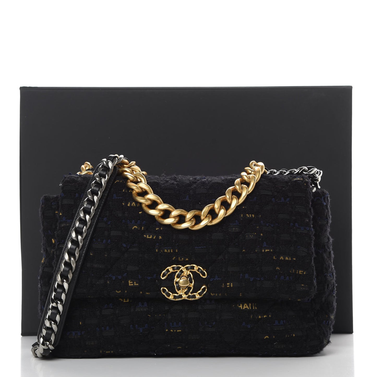 Tweed Quilted Large 19 Flap Black Navy Gold