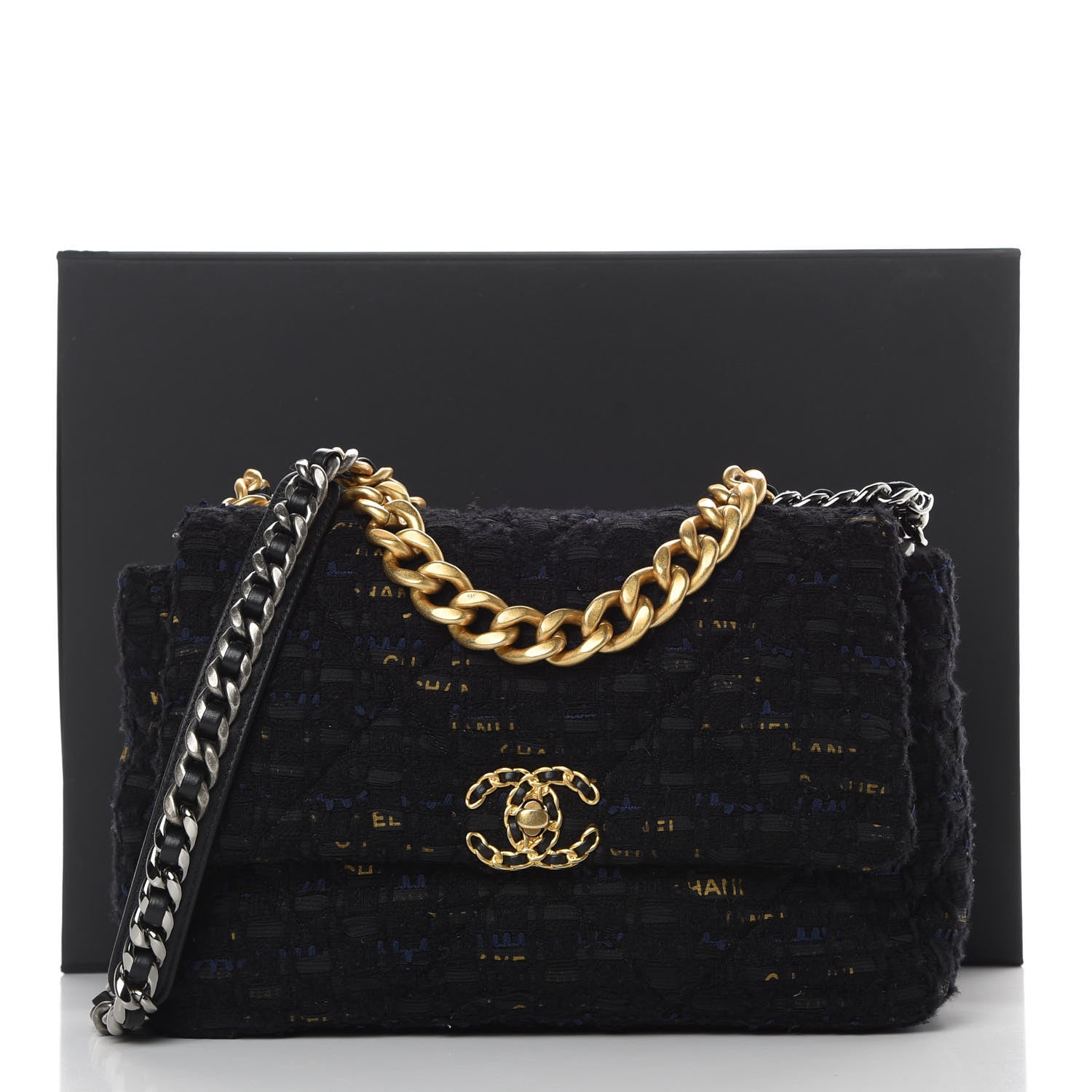 Chanel Tweed Quilted Large 19 Flap Black Navy Gold 11 of 11