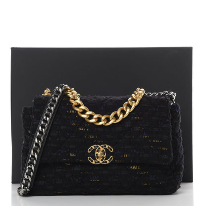 Chanel Tweed Quilted Large 19 Flap Black Navy Gold 11 of 11