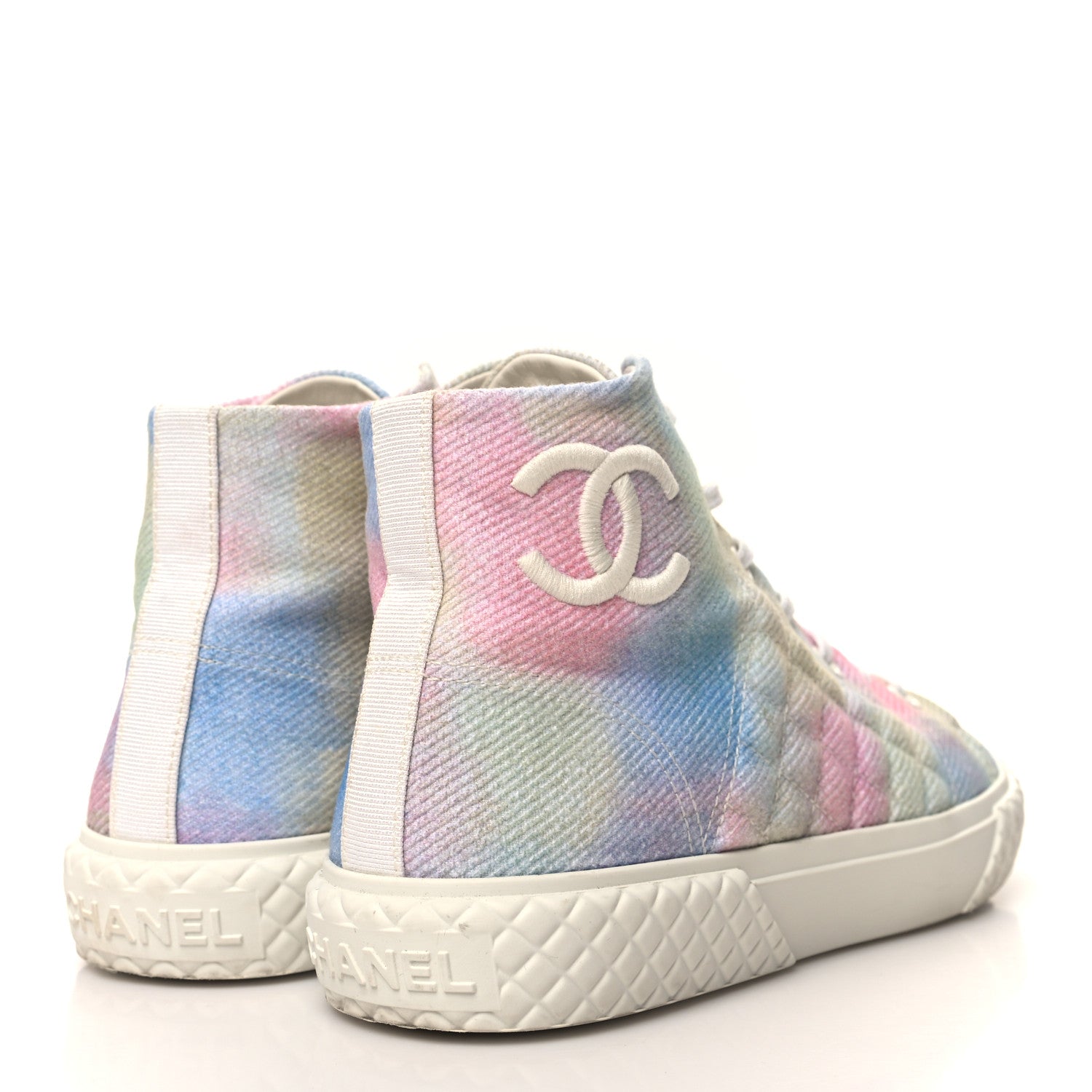 Chanel Printed Fabric Quilted High Top Sneakers 39 Green Pink Blue White 4 of 9