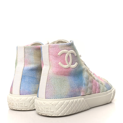 Chanel Printed Fabric Quilted High Top Sneakers 39 Green Pink Blue White 4 of 9