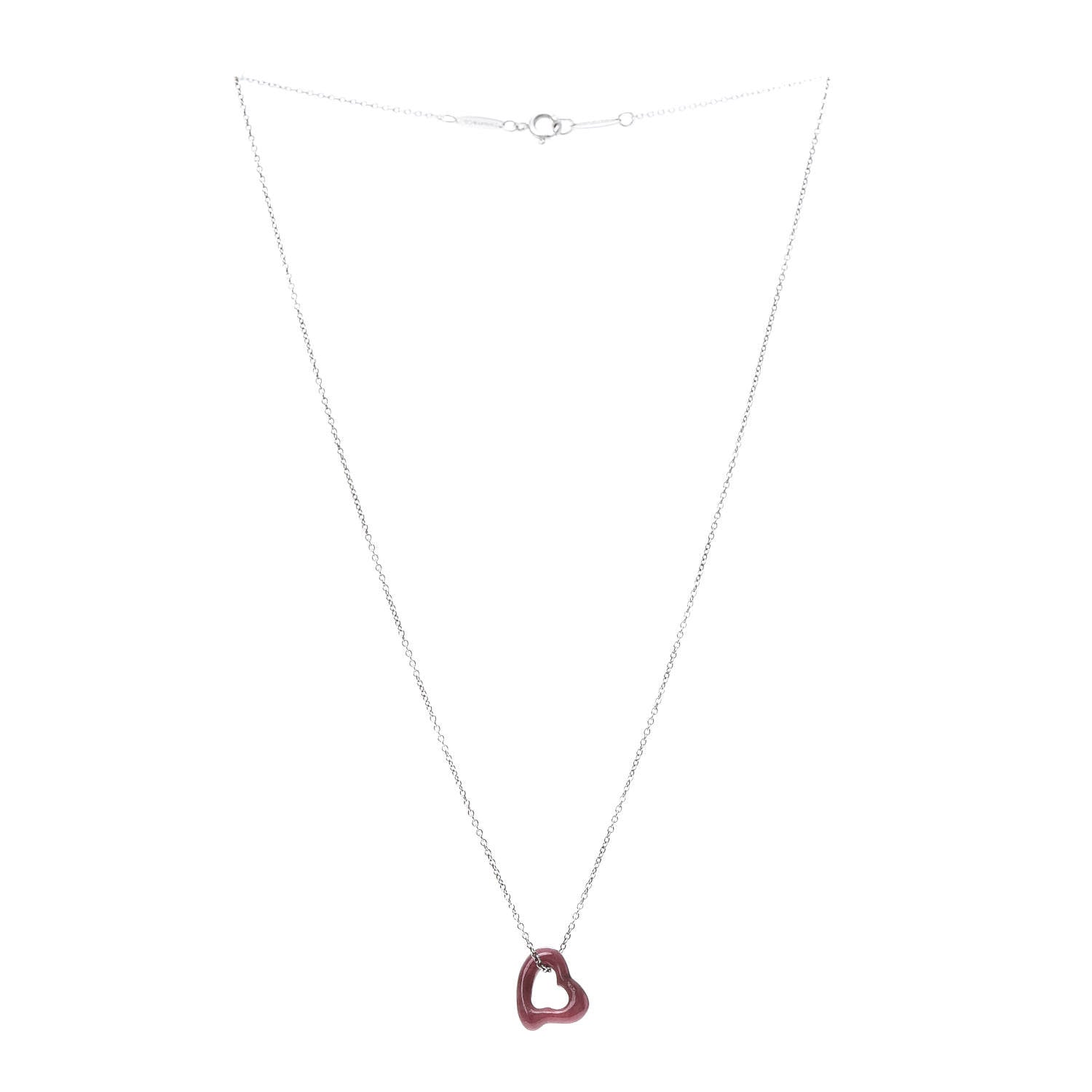 Tiffany Sterling Silver Rhodonite Elsa Peretti Open Heart Pendant Necklace 3 of 8