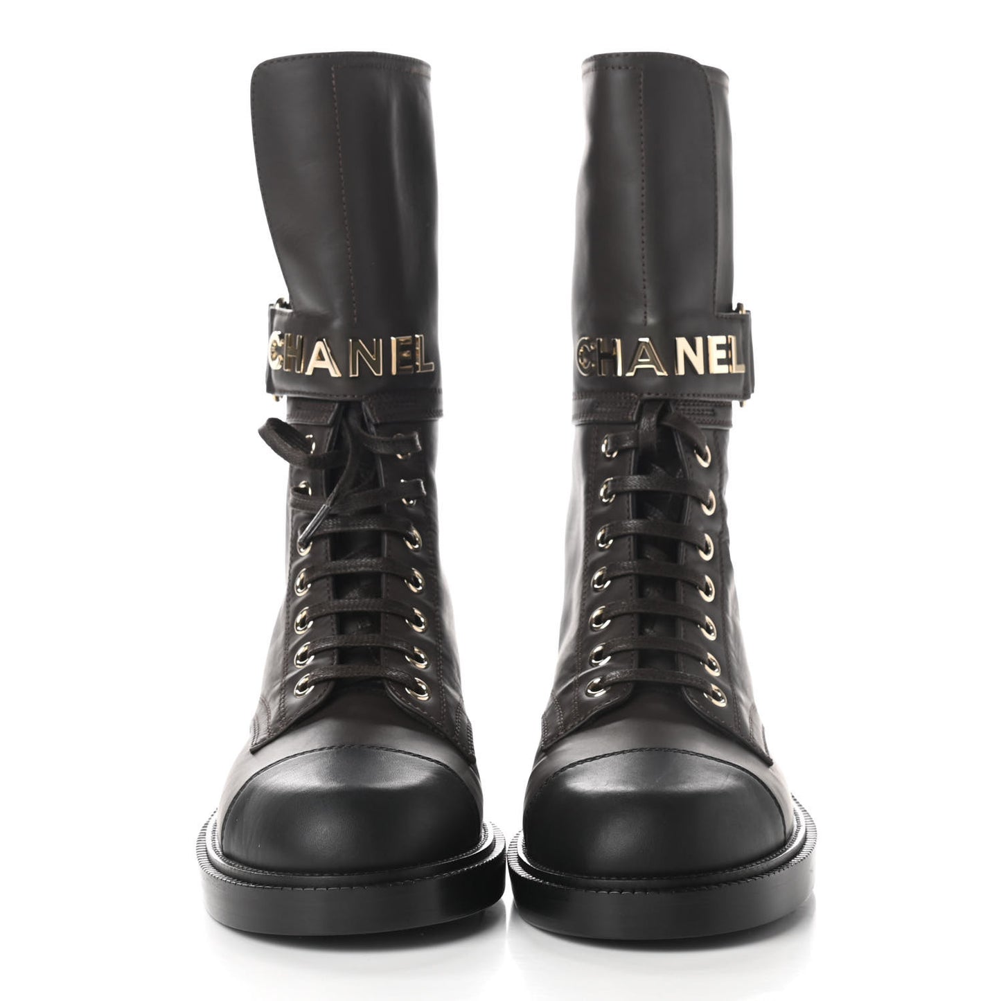 Shiny Calfskin Lace Up Combat Boots 35 Dark Brown Black