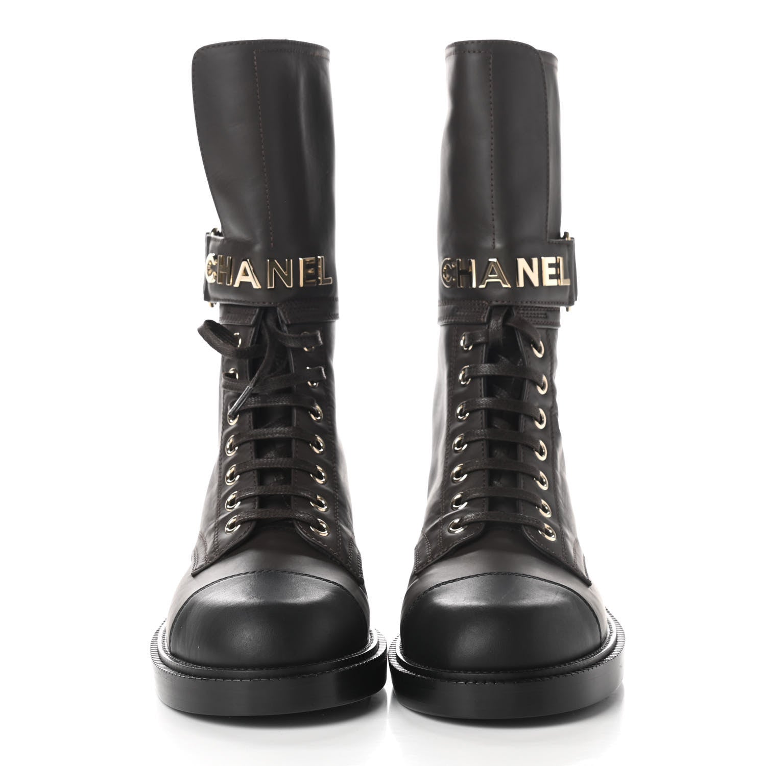 Chanel Shiny Calfskin Lace Up Combat Boots 35 Dark Brown Black 2 of 8