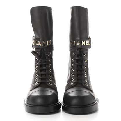 Chanel Shiny Calfskin Lace Up Combat Boots 35 Dark Brown Black 2 of 8