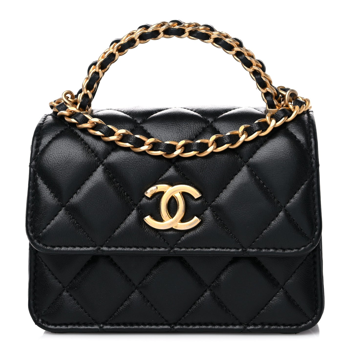 Lambskin Quilted Chain Top Handle Clutch With Chain Black
