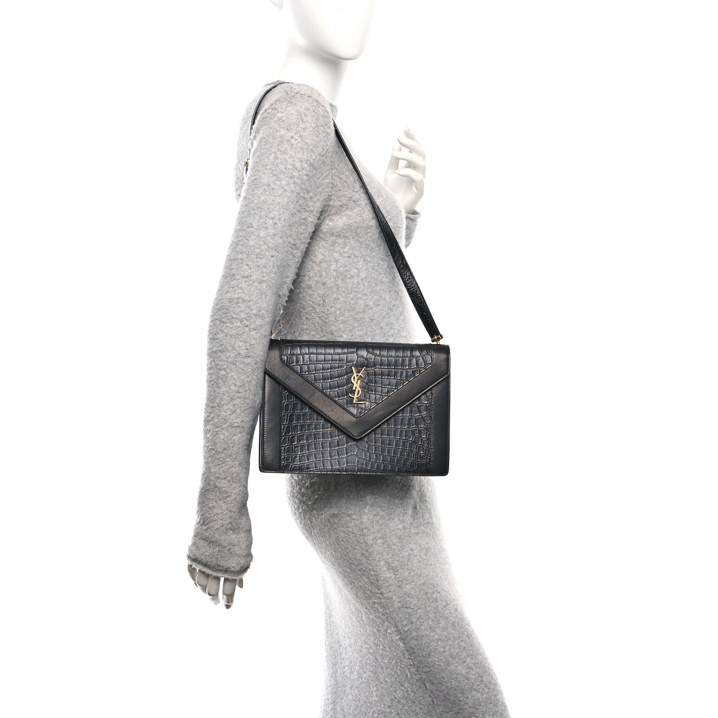Calfskin Crocodile Embossed Gaby Satchel Black