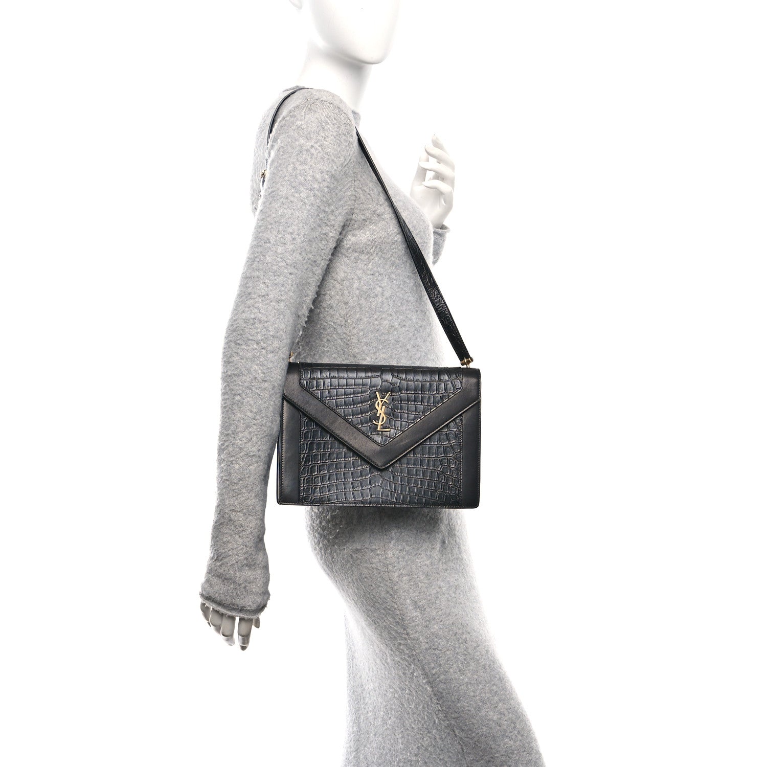 Saint Laurent Calfskin Crocodile Embossed Gaby Satchel Black 2 of 10