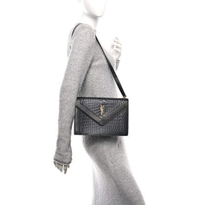Saint Laurent Calfskin Crocodile Embossed Gaby Satchel Black 2 of 10