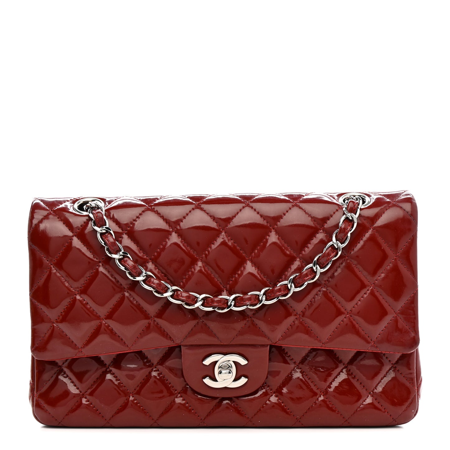 Patent Calfskin Quilted Medium Double Flap Dark Red