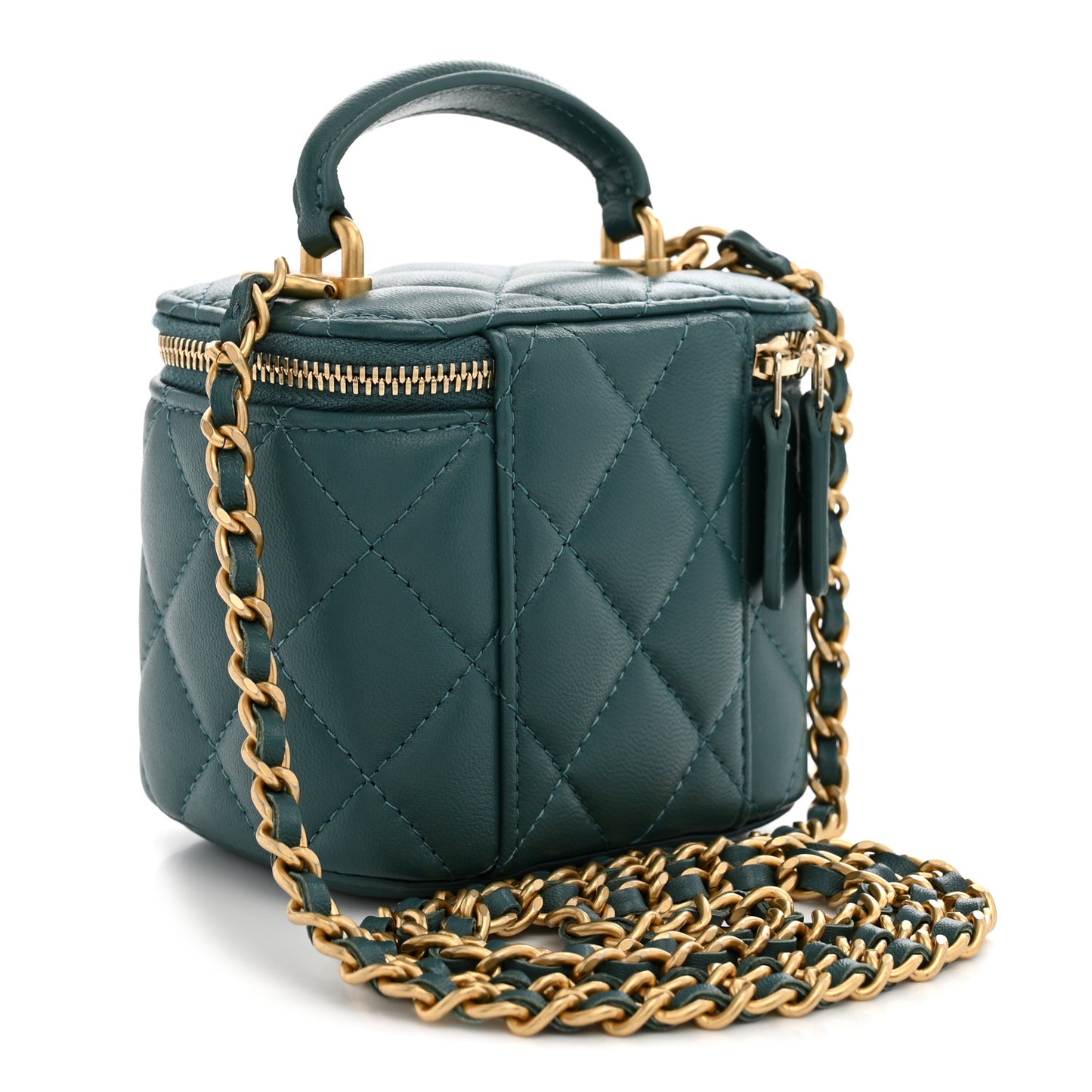 Lambskin Quilted Top Handle Mini Vanity Case With Chain Green
