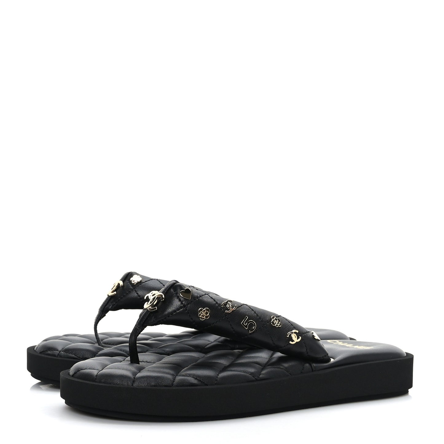 Lambskin Quilted Padded Charms Thong Sandals 39 Black