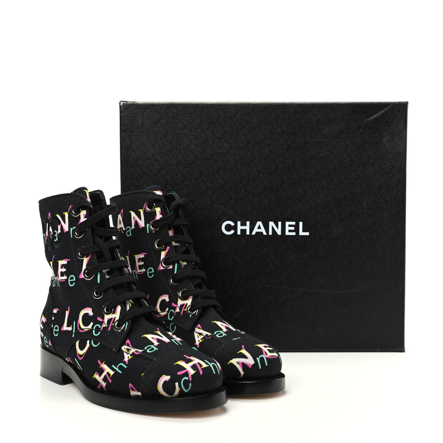 Chanel Tweed Lace Up Short Boots 37 Black Ecru Green Red 11 of 11