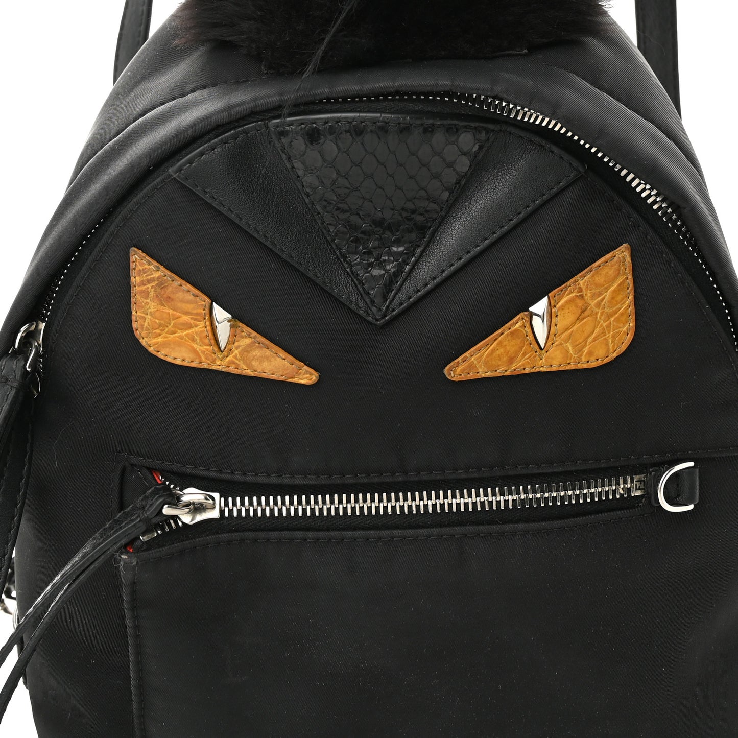 Nylon Vitello Dolce Goat Fox Fur Crocodile Monster Eyes Mini Backpack Black Sunflower