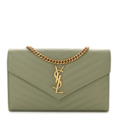 Saint Laurent Grain De Poudre Matelasse Chevron Monogram Chain Wallet Light Sage 1 of 9