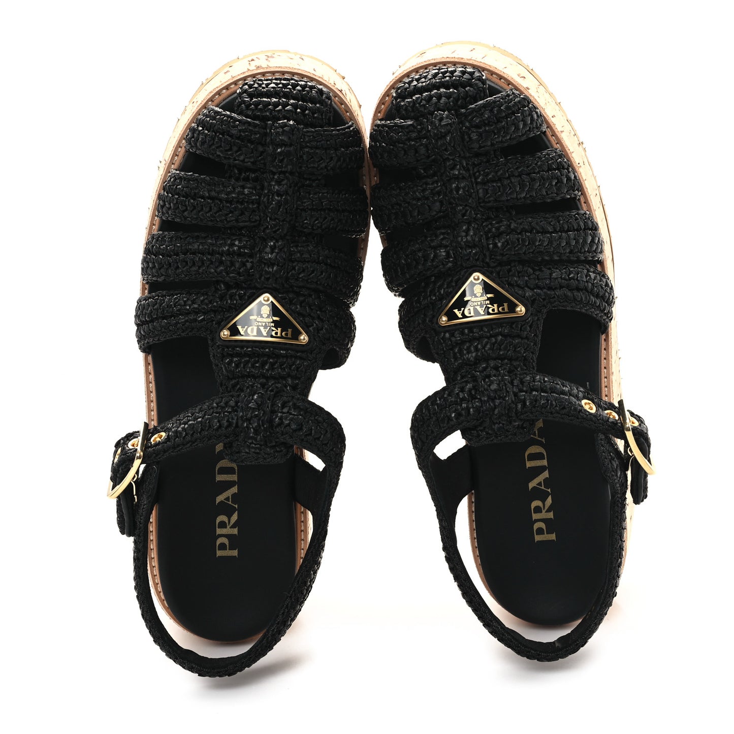 Raffia Cork Metal Triangle Logo Crochet Fisherman Platform 75mm Sandals 39 Black