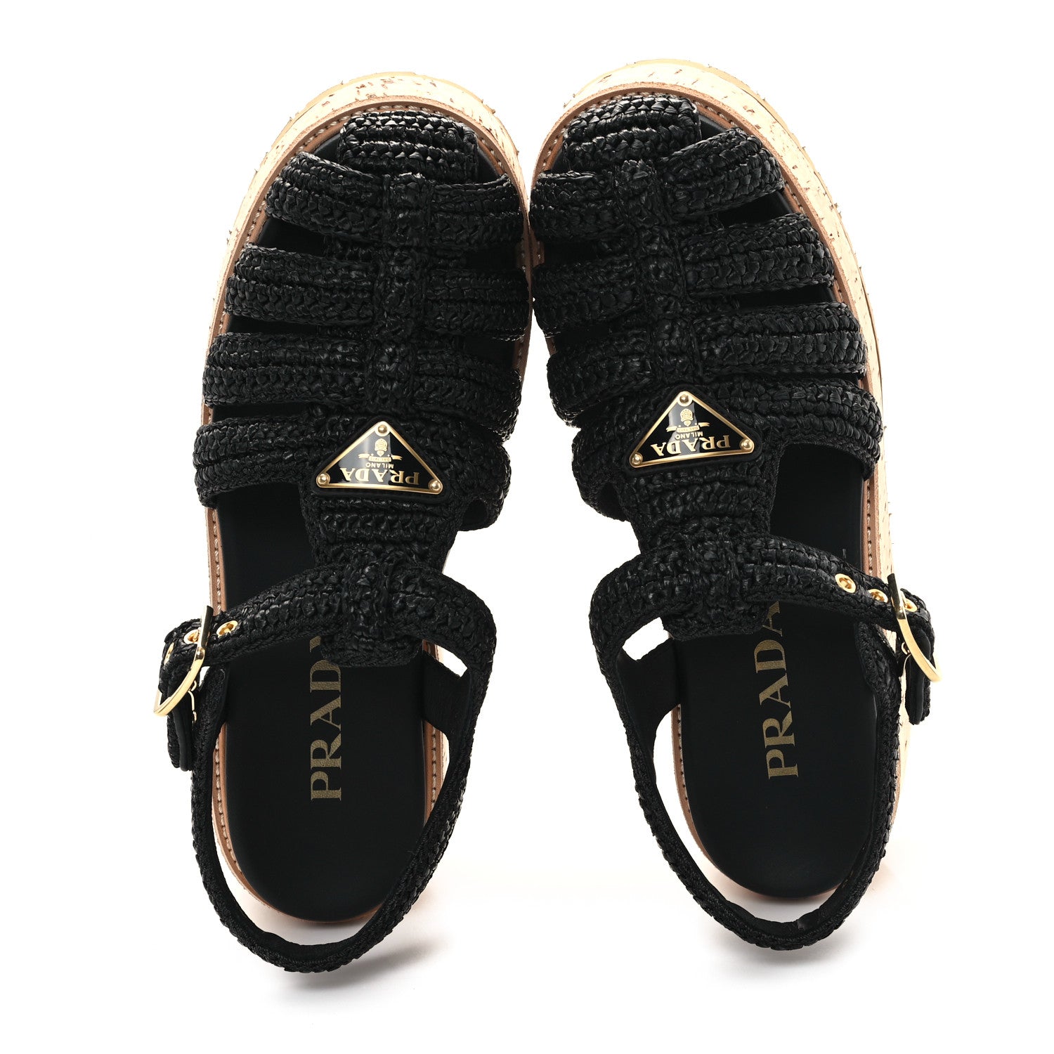 Prada Raffia Cork Metal Triangle Logo Crochet Fisherman Platform 75mm Sandals 39 Black 2 of 10