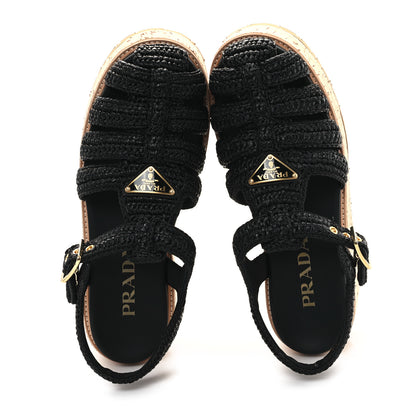 Prada Raffia Cork Metal Triangle Logo Crochet Fisherman Platform 75mm Sandals 39 Black 2 of 10