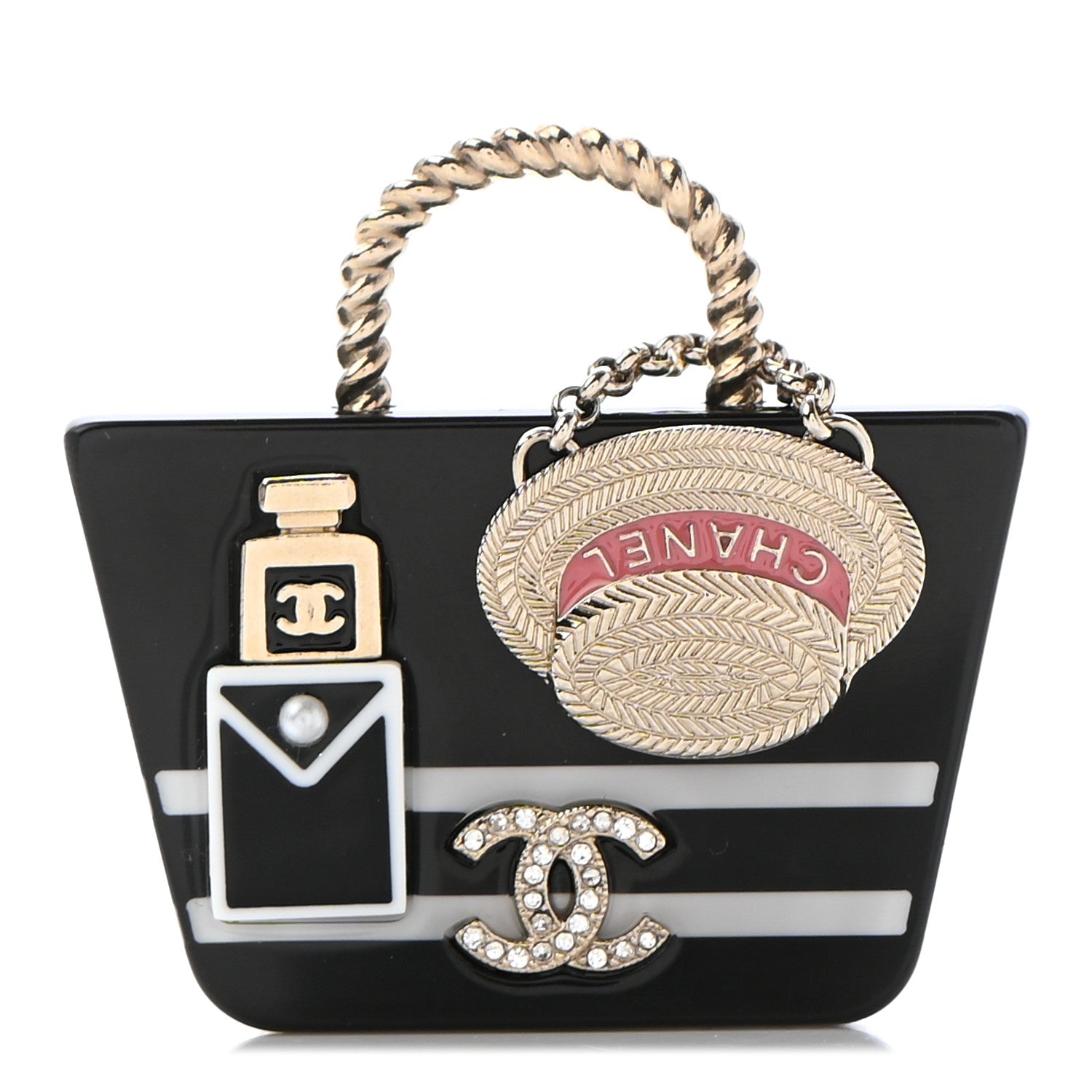 Chanel Resin Crystal Pearl Bag Hat Brooch Gold Black White 1 of 6