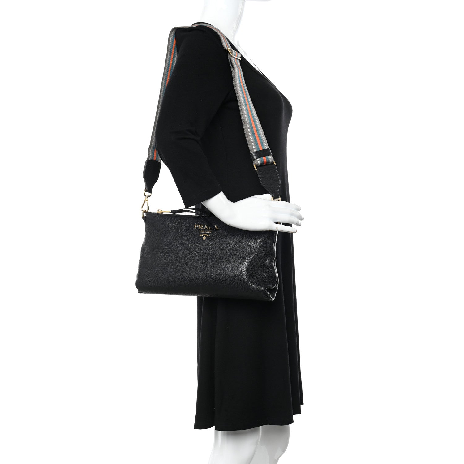 Prada Vitello Daino Zippered Shoulder Bag Black 2 of 13