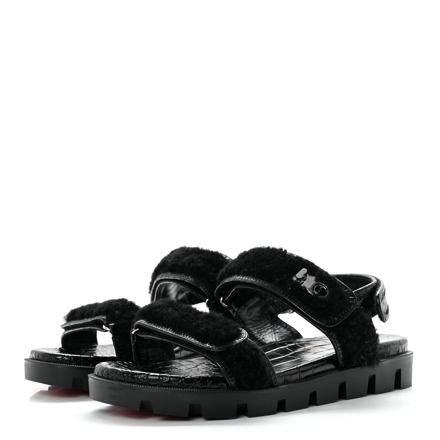 Calfskin Crocodile Embossed Lock Wool Flat Sandals 39 Black