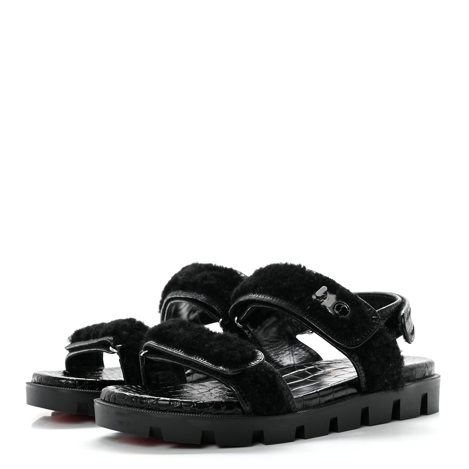 Christian Louboutin Calfskin Crocodile Embossed Lock Wool Flat Sandals 39 Black 3 of 7