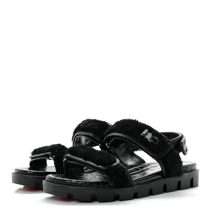 Christian Louboutin Calfskin Crocodile Embossed Lock Wool Flat Sandals 39 Black 3 of 7