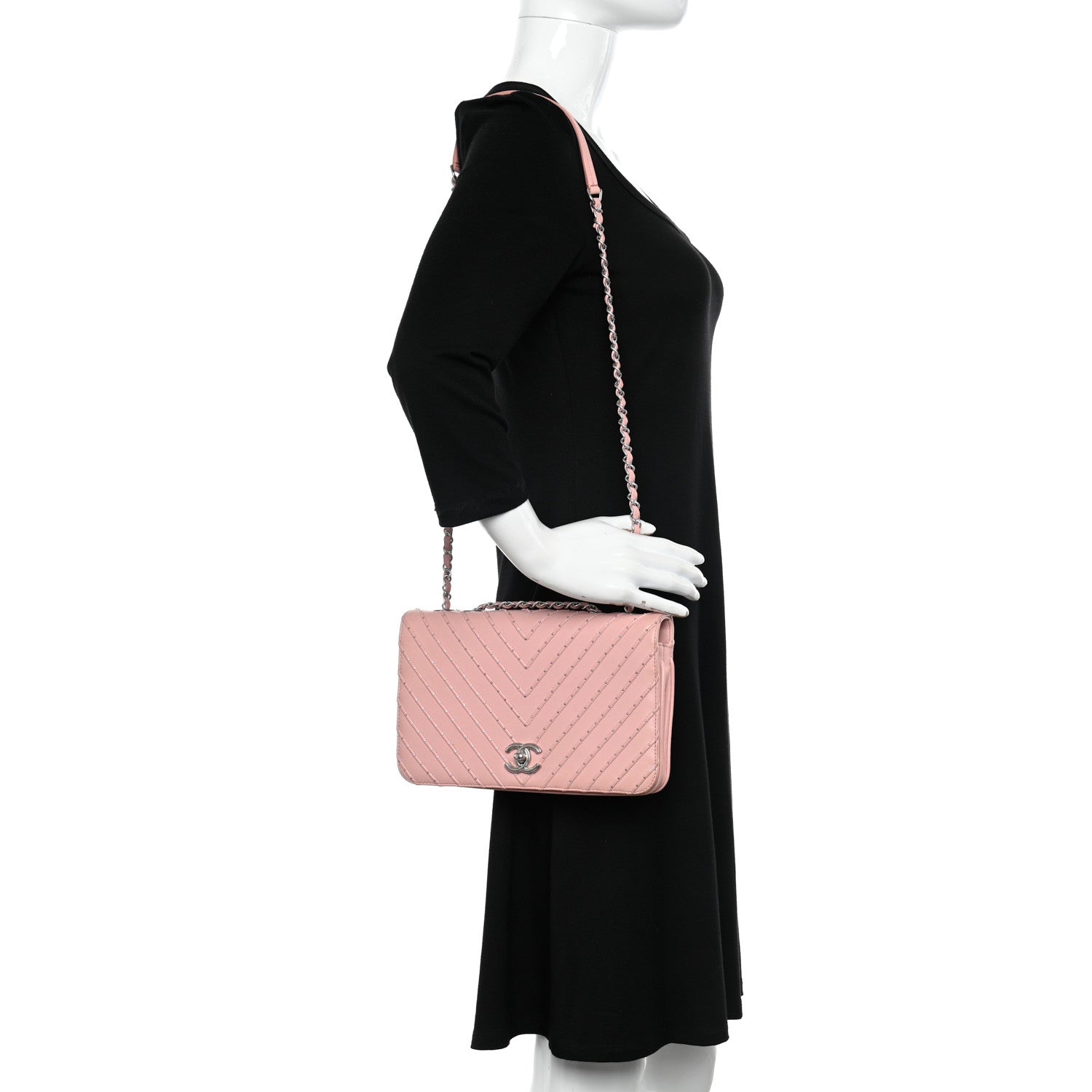 Chanel Calfskin Studded Chevron Quilted Flap Pink 2 of 10